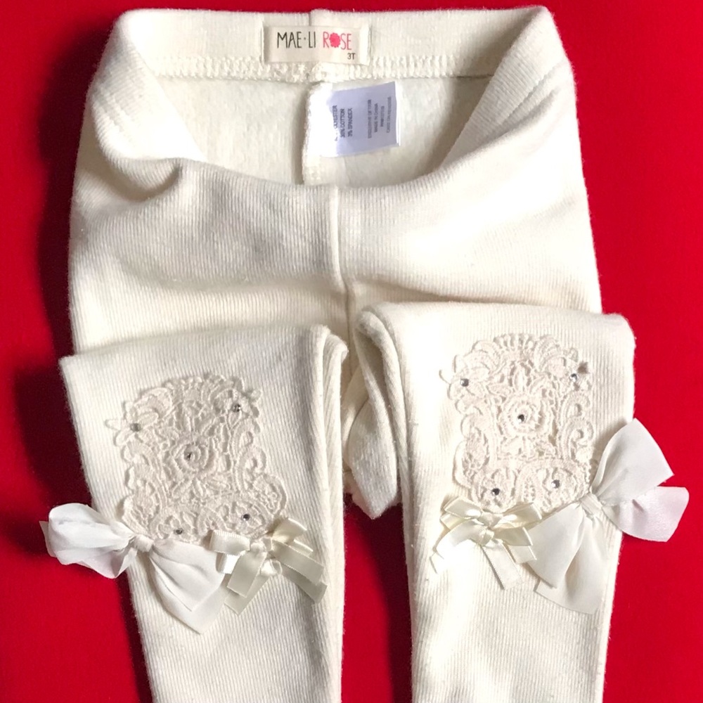 MAELI ROSE Fleece Lined Pants Adorned With Shimmering Bows Lace Overlay Leggings